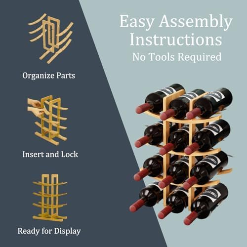 12 Bottle Bamboo Small Wine Rack for Countertop, No Tools Assembly, Modern Lattice Design, Durable, Wine and Liquor Bottle Storage for Small Spaces