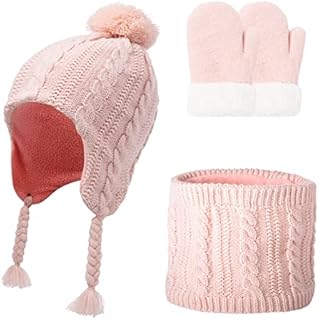 Maeau 3-in-1 Winter Beanie Hat Scarf and Gloves Set, Boys Girls Knitted Winter Accessories Sets Warm Fleece Lined Scarf Pom Bobble Hat and Fingers Touch Screen Gloves Sets 1-6 Y