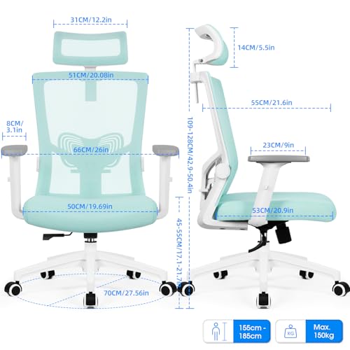 Daccormax Bürostuhl Ergonomisch, Schreibtischstuhl mit Verstellbarer Kopfstütze, Armlehnen, Lendenwirbelstütze, Drehstuhl Wippfunktion… – Ansicht 6
