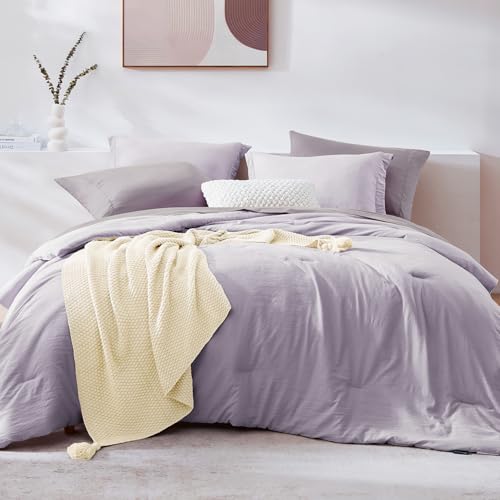 Image of Queen Comforter Set-7 Pieces Soft Prewashed Bed in a Bag Queen Bedding Sets | All Season Comforter with Sheets, Pillow Shams & Pillowcases,Lilac