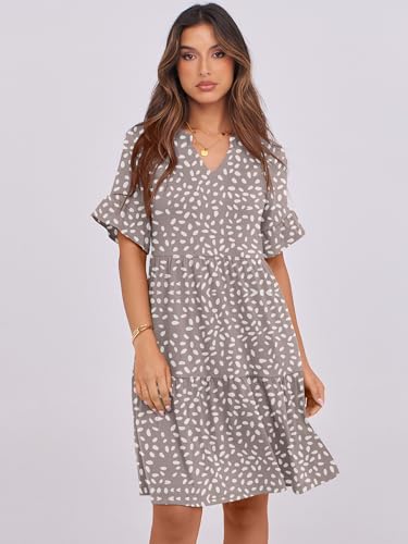 ANRABESS Women\'s Summer Casual Dress, V-Neck Ruffle Sleeve Tiered Mini Dress, Soft Comfy Fabric with Pockets for All-Day Wear Khaki Polka Dot XX-Large