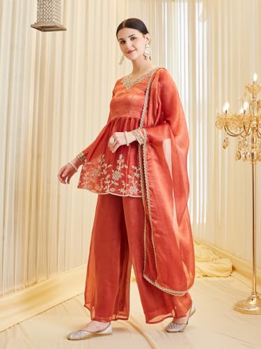 Image of MOKOSH Women's Silk Embroidered Kurta Set with Dupatta | Ethnic wear | 3 Piece Outfit | Festive Kurta Set | Peplum Kurti Sharara & Dupatta | Sweetheart Neck