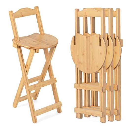 COSTWAY Folding Bamboo Bar Stools Set of 4, 24-inch Kitchen Counter Height Stool with Backrest and Footrest, Portable Bar Chairs for Home, Kitchen Island, Breakfast, No Assembly, Natural