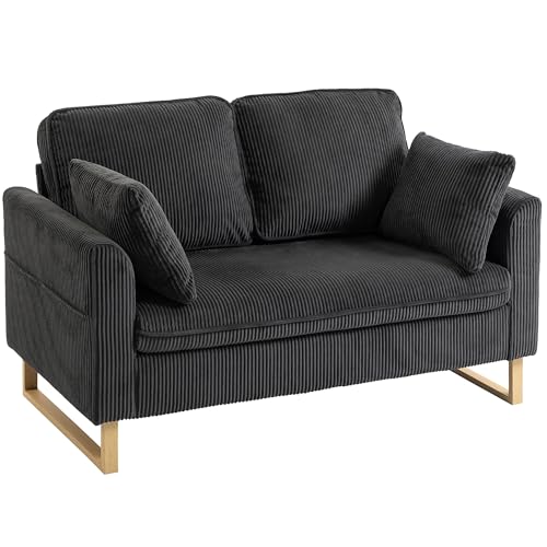 HOMCOM 2 Seater Sofa, 140 cm Corduroy Upholstered Loveseat Sofa with Spring Cushions, Metal Legs, 2 Pillows for Living Room, Bedroom, Home Office, Studio, Dark Grey
