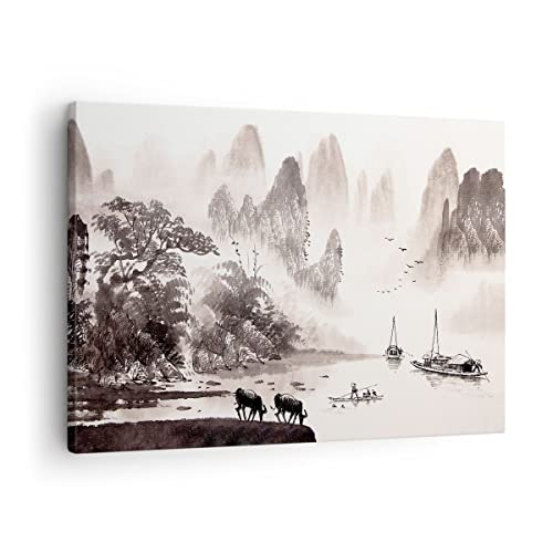 Bilder auf Leinwand Chinesisch Landschaft Aquarell Leinwandbild 70x50cm Wandbilder Dekoration Wohnzimmer Schlafzimmer Küche Deko Klein Wanddeko Bild Wand Kunstdruck Art Wall Decor Canvas AA70x50-4265