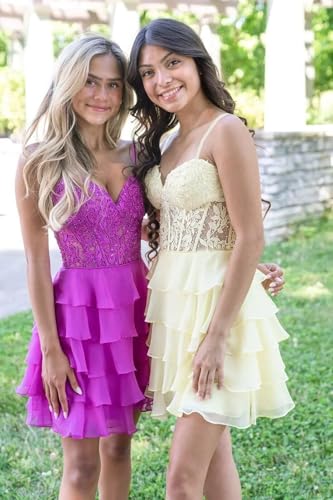 Spaghetti Straps Tiered Homecoming Dresses Short Prom Dress for Teens 2025 Lace Appliques Chiffon Cocktail Dress4