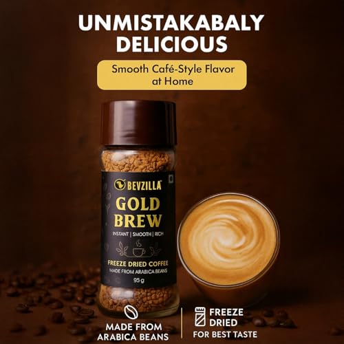 Image of Bevzilla Gold Brew Instant Freeze Dried Coffee Powder - 95g Jar |Arabica Coffee | Best for Hot & Cold Brews | Best for Espresso, Cappuccino & Iced Coffee | No Preservatives | Unbreakable Jar