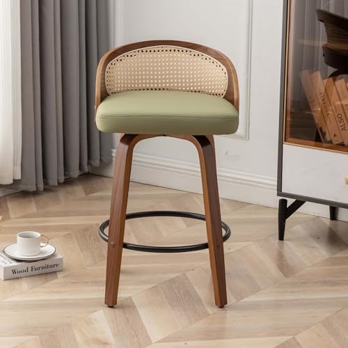 Image of 24.8 inch Swivel Rattan Bar Stools,Mid-Century Modern Green Leather Upholstered Counter Height Stools,Kitchen Island Barstools with Rattan Low Backrest,Walnut Wood Finish Bar Chair,1PCS