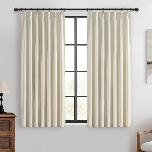 Image of Warm Cream Insulated Thermal Textured Pinch Pleated Cafe Short Curtains 45 Inch Length,Blackout Drapes Flax Linen 2 Panels Set Bathroom /Basement /Kitchen Curtain for Small Half Window Light Beige
