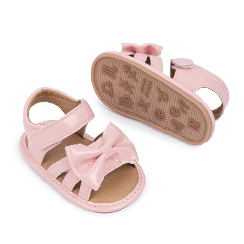 HsdsBebe Baby Girls Sandals Bohemia Flower Bow Soft Sole Toddler First Walkers Beach Summer Shoes, 5204/Pink, 6-12 Months Infant
