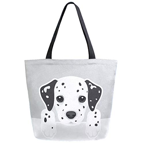 Cute Cartoon Dalmatian Dog Large Canvas Long Handle Tote Bag for Woman