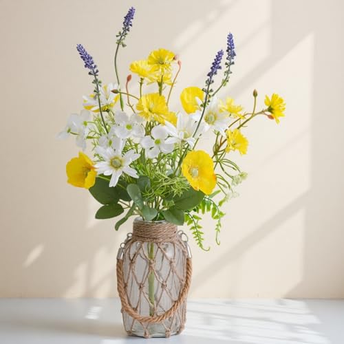 LUEUR Fake Flowers with Vase – Artificial Poppy & Sunflower Arrangement in Yellow, Spring Floral Centerpiece for Coffee Table, Dining Room, Kitchen & Farmhouse Home Decor