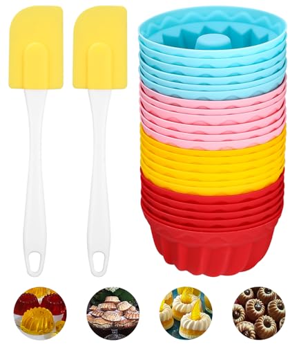 Xaosin Mini Gugelhupfform Silikon 24 Stück Mit 2 Spateln - Wiederverwendbare Muffinförmchen BPA-Frei - Klein Backformen 6,5 x 2,8 cm 4 Farben