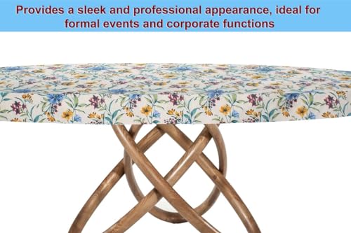 Image of The Furnishing Tree Elastic Cotton Round Dining Table Cover 54x54 in Inches Floral Golden Leaf on offwhite Base