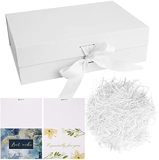 White Gift Box with Ribbon, Luxury Premium Magnetic Present Boxes with Lids, Large Rectangle Gift Packaging Decorative Box, Presentation Box for Present Gifts Birthdays, with Shredded Paper, Cards