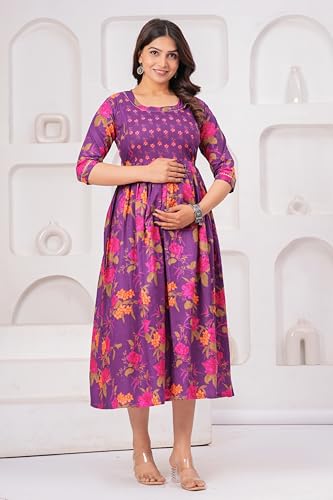 Image of The Moon Star Women's Cotton Floral Printed Anarkali Maternity Feeding Kurti | Breastfeeding Dress for Mothers | Zipper Feeding Kurti,Nursing Kurti, Comfortable and Trendy Maternity Wear