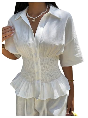 Milumia Women's Collar Button Down Short Sleeve Peplum Blouse Smocked Cinched Waist Top