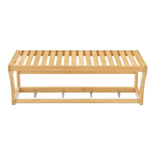 [en.casa] Estantería de Pared para Baño Pasillo con Estante Toallero y 4 Ganchos Mueble de Cocina con Barra para Paños de Cocina Bambú 30 x 55 x 23 cm - Natural - imagen 4