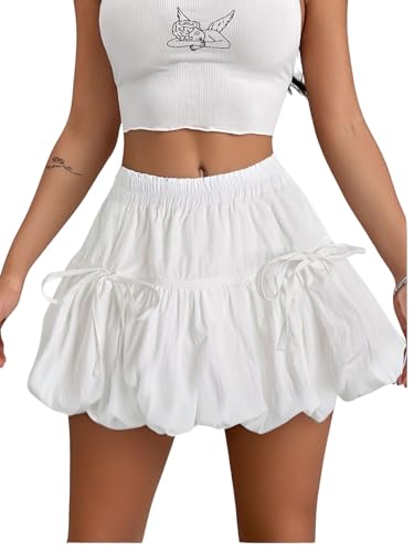 Verdusa Women's Bubble Skirt Ruffled Pleated Mini Skirt Elastic Waist Short Skater Skirts