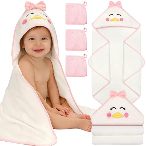 Flasoo 4 PCS Baby Towels Set, Soft Baby Towels and Washcloths Set, 1 Hooded Baby Towel and 3 Baby Washcloths for Newborns, Toddlers, and Kids, 32x32 Baby Towel with Hood for Boy and Girl (Pink Duck)
