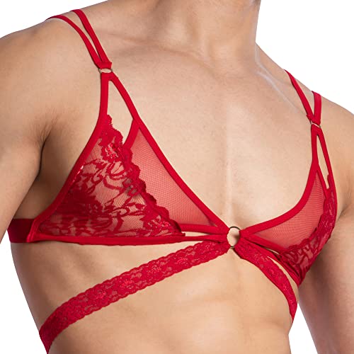 Men's Sexy Designer Floral Bikini Sissy Sheer Top Gay Bra Steel Ring Supportive Strap Innerwear