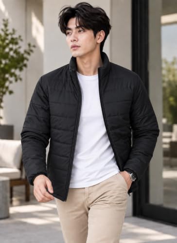Image of TAGAS JACKET|mans Winter Puffer Jacket| Men's Solid Black Quilted Puffer Jackets | Lightweight Warm Winter Wear | Full Sleeve Front Zip Closure | Casual Outdoor Travel Jacket for Men