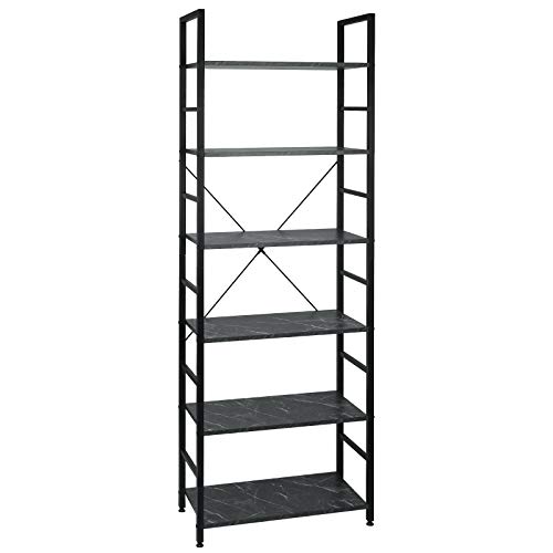 EUGAD Estantería Independiente Estantería con Escalera Estantería Escalonada Librería Estantería Multifuncional Diseño Industrial con 6 Estante MDF+Metal 60x28x180cm Negro+Mármol Negro 0020ZWJ