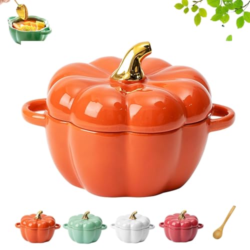 Cazuela De Cerámica Con Tapa Para Calabazas, 2025 Nuevos Cuencos Para Calabazas Aptos Para Horno Con Asa, Olla Holandesa Para Sopa De Halloween, Cacerola De Cerámica Para Postres (Arancione)