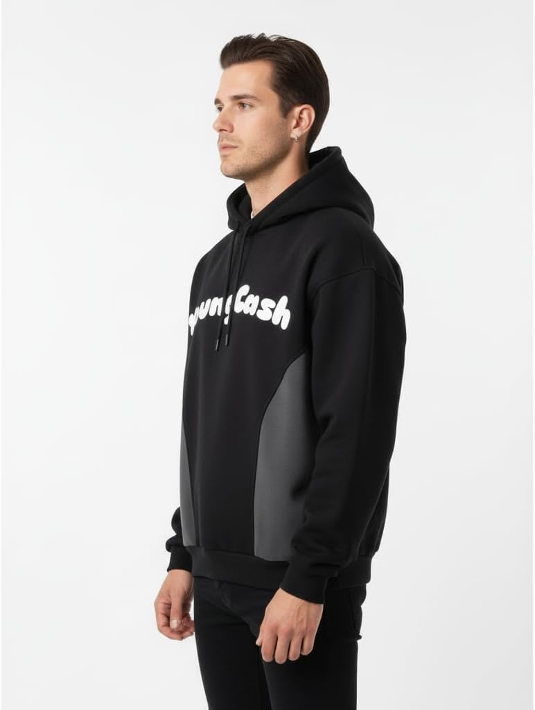 YoungCash Men’s Color Block Pullover Hoodie – Soft Fleece Sweatshirt with Drawstring Hood, Black & Charcoal - Image 2