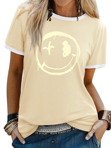 Image of WIEIYM Women T Shirt Smile Face Graphic Happy Summer Casual Tee Beige