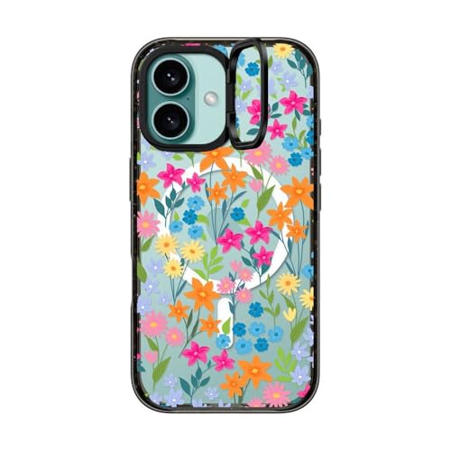 Coque iPhone 16 béquille antichoc compatible Magsafe CASETiFY noir transparent design fleuri - 4
