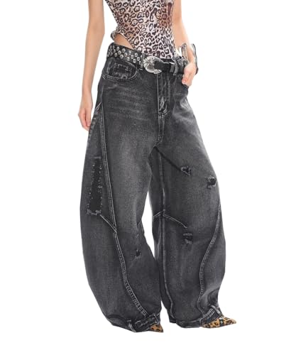 Women's Vintage Streetwear Hip Hop Baggy Jeans 90S Washed Distressed Skater Denim Pants Loose Trousers