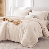 MUXHOMO 7 Pieces Queen Comforter Set, Seersucker Bed in a Bag Queen Size, All Season Luxury Bedding Set with Comforter, Flat Sheet, Fitted Sheet, Pillowcases & Shams, Beige