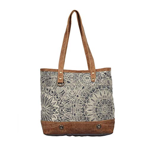 Boho Lace Print Upcycled Canvas and Genuine Leather Tote Bag