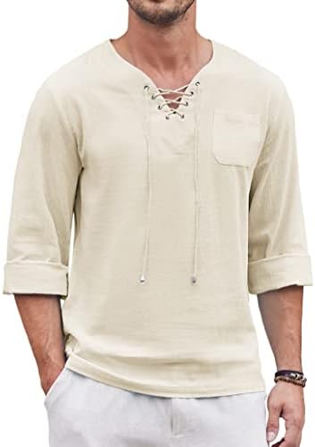 COOFANDY Mens Cotton Linen Shirts Lace Up Casual Beach Hippie Tee Shirts V Neck