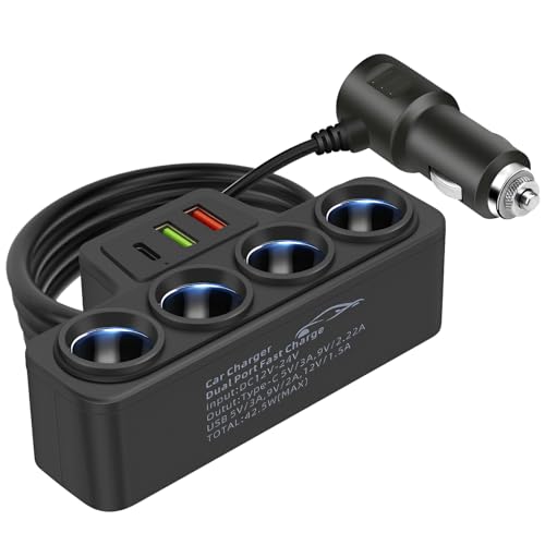 120W Car Charger Cigarette Lighter Adapter, Multi-Socket Car Charger with 4 Sockets & 3 USB Ports (QC3.0/PD3.1/USB3.1) 12V/24V Cigarette Socket for Laptop Phones iPad GPS Dash Cam