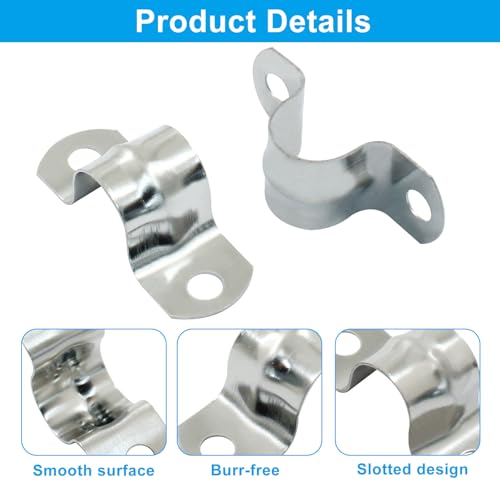 Image of 25 Pack 3 /8 Inch M10 Rigid Pipe Strap, 10mm | Stainless Steel, Two Hole Cable Strap, U Bracket Conduit Clamp, For Fixing Tube, Cable, Pipe, Silver