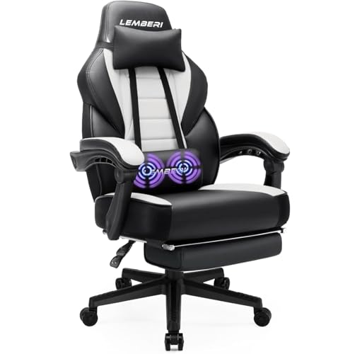 Image of LEMBERI Big and Tall Gaming Chair 400lb Capacity, Heavy-Duty Office Chair with Reinforced Footrest, Wide Seat High Back PC Desk Chair with Linkage Armrests, Thickened Steel Frame, PU Leather, White