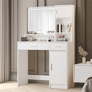 Makeup Vanity Desk with Lighted Mirror, 35.4inch Vanity Table Set with 2 Drawers & Storage Cabinet, 3 Color Lighting Brightness Adjustable