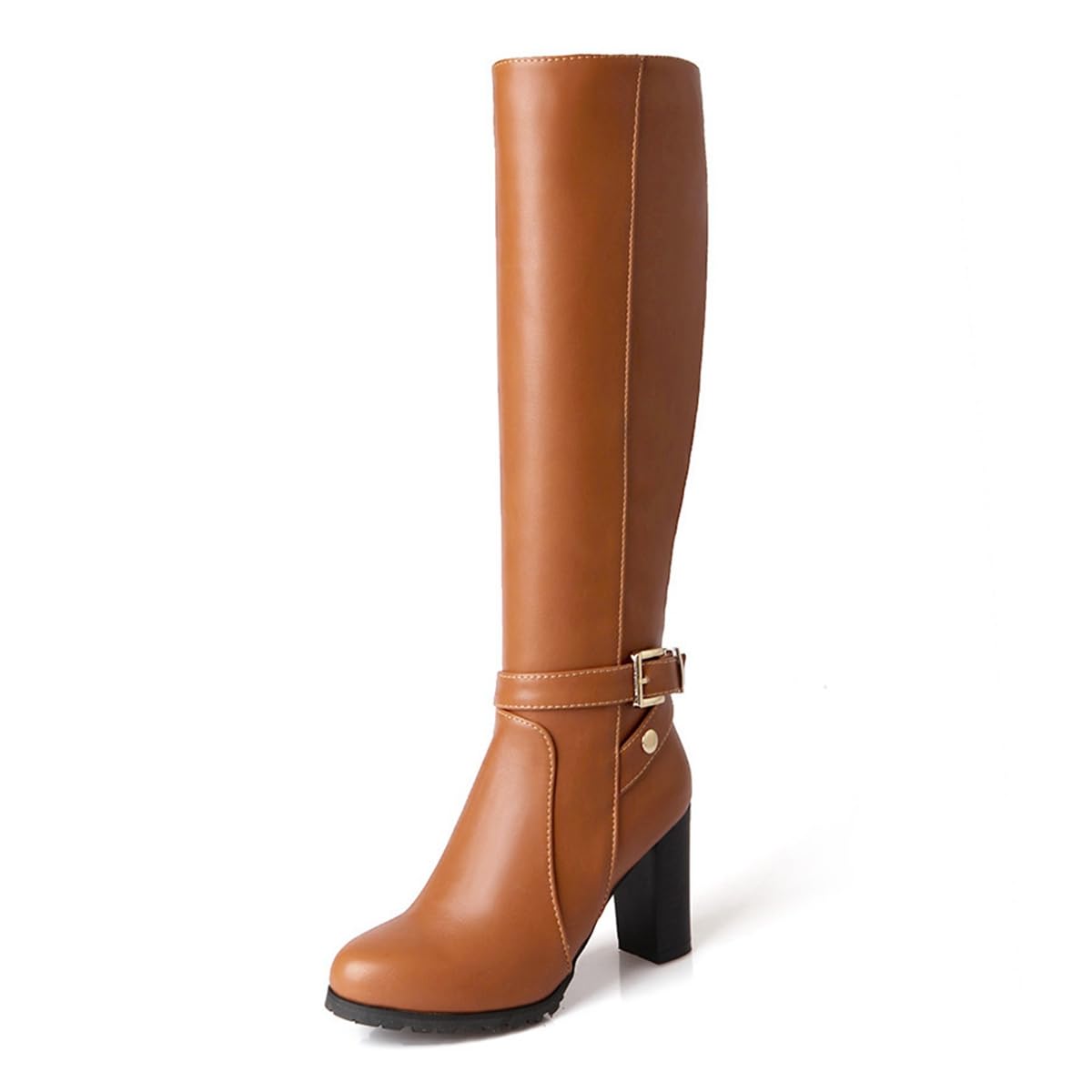 Fashion Knee High Dressy Boots For Womens Round Toe Zipper Chunky High Heels Wide Calf Tall Riding Boots