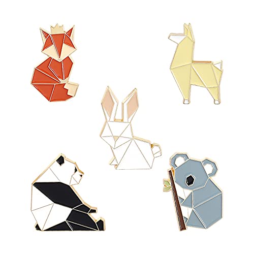 5Pics Cute Origami/Paper-Folding Animal Enamel Brooch Pin Set in Fox/Rabbit/Dog/Panda/Koala Shapes Lapel Pins Accessory for Backpacks Badges Hats Bags for Women Girls Kids Gift