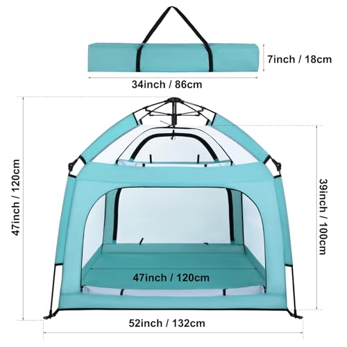 Image of Bend River Baby Playpen with Canopy, Square Toddler Beach Tent (Green) | Portable Infant Play Yard, Mosquito Net, Indoor and Outdoor, Instant Installation, Pop Up, Travel Bag