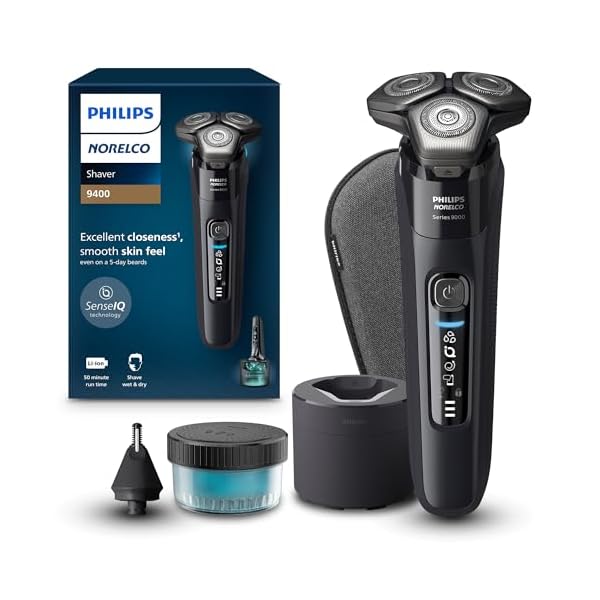 Philips Norelco Shaver 9000 Amazon Exclusive with Shaver Cleaning Station, Click-on Nose Trimmer Accessory and Travel Case, S9606/80