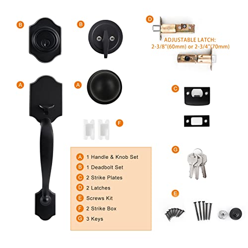 Natsukage Front Door Handle Set Heavy Duty Entry Door Lock Set Matte Black Entrance Handle Set With Lock, With Single Cylinder Deadbolt And Knob Handle, Reversible For Right & Left Handed Doors #TOP3