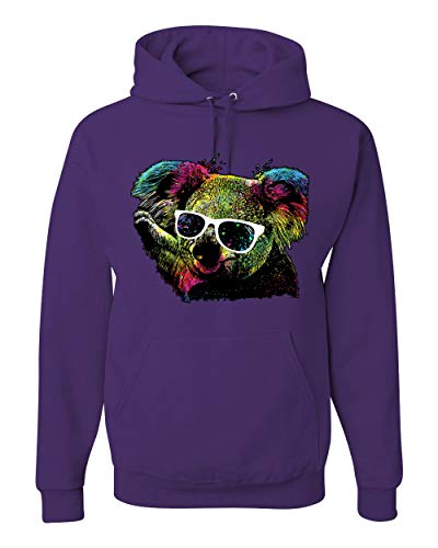 Neon Technicolor Trippy Party Rainbow Koala | Mens Animal Lover Hooded Sweatshirt Graphic Hoodie, Purple, Small