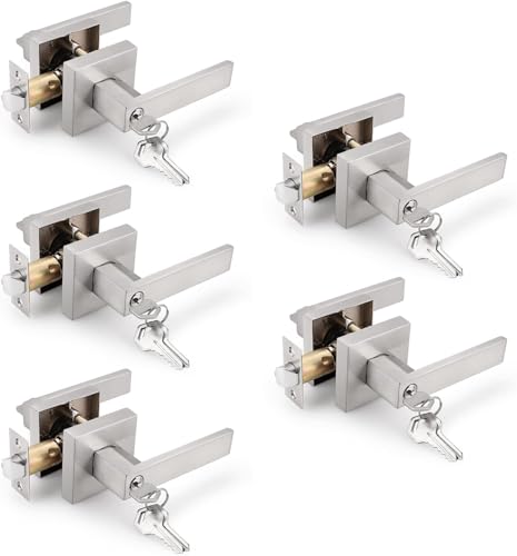 Gobrico 5 Pack Heavy Duty Entry Door Levers with Locks and Keys(Keyed Alike), Brushed Nickel Lockset Combo Pack, Entrance Door Handles for Office and Front Door, Door Knobs Lockset (Each with 3 Keys)