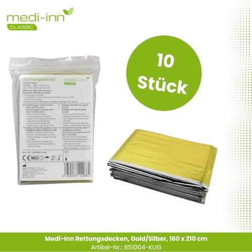Medi-Inn+ Rettungsdecke Gold Silber | 160 x 210 cm | Notfalldecke für Erste Hilfe | Kälteschutz | Hitzeschutz (10 Stück)