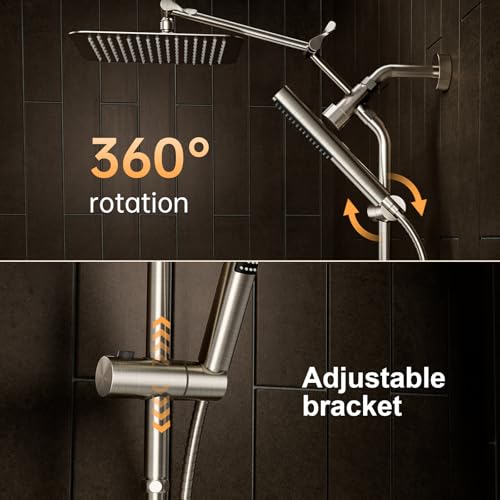 Image of Veken 10 inch Luxurious Brushed Nickel All Metal Rain Shower Head with Handheld Spray Combo, High Pressure Rainfall Square Shower Heads with Extension Arm, Wide Dual Showerhead, Bathroom Accessories