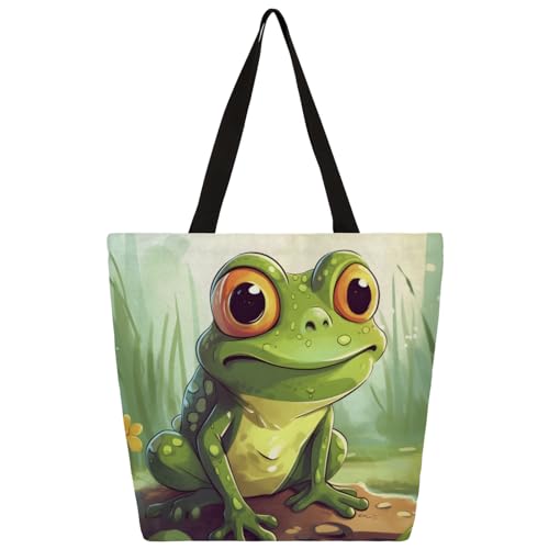 Cute Watercolor Frog Pond Large Capacity Canvas Tote Bag Stylish Handheld Shoulder Bag Reusable Shopping Bag for Work Travel Beach Trips Shopping