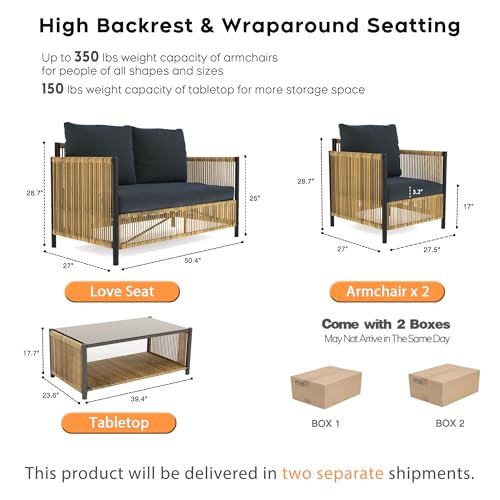 Image of Aluminum Outdoor Patio Furniture Set - 2 Pcs Armchair, Loveseat & Dual-Layer Coffee Table - Rope Sectional Conversation Sofa Sets with Washable Thick Cushion for Garden /Backyard /Porch
